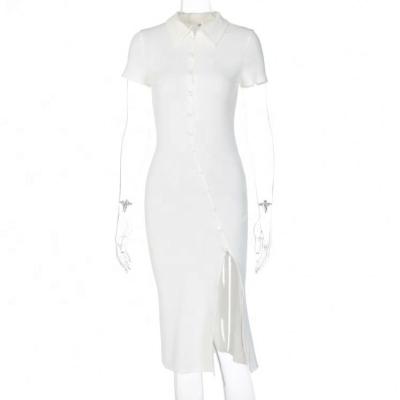 China New 2021 Summer Trend Collar Ribbed Anti-Static Turn-Down Vestidos Split Short Sleeve Long Buttons White Stylish Bodycon Casual Wear for sale