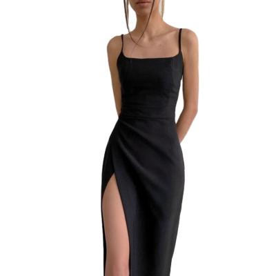 China Anti-Static Latest Design Elegant Women Clothes Spaghetti Strap Solid Color Split Vestidos Off Shoulder Balck Slim Summer Maxi Dress for sale