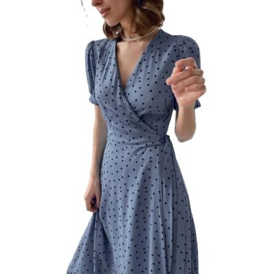 China Dot Women Dresses High Waisted Breathable Short Sleeve Polka V-Neck Ladies Midi Ladies Slim Casual Dress for sale