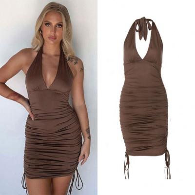 China 2021 Sexy Backless Customized Viable Boutique Clothing Brown Bodycon Halter Club Dresses Drawstring Ruched Mini Dress Women for sale