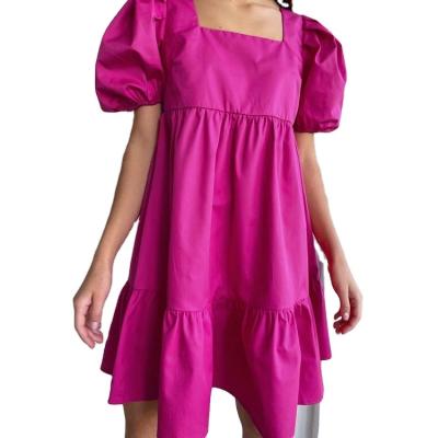 China New Fashionable French Pink Square Backless Summer Viable Mini Cotton Dresses Solid Color 2021 Candy Collar Puff Sleeve Vestidos for sale