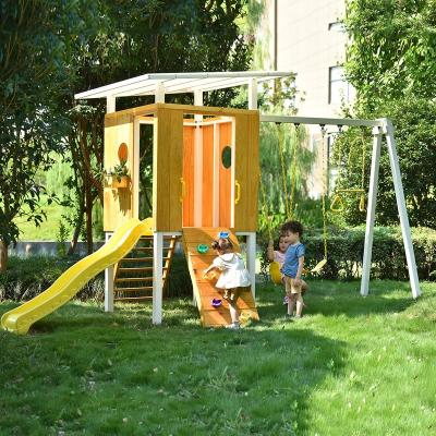 China Eco-Freindly Garden Cubby House Wood Swing Set children Playground Outdoor Playhouse Wooden Kids With Slide for sale