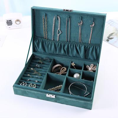 China 2021 Luxury Dark Green Leather Desk Racks Large Capacity Storage Dustproof Bracelets Earrings Necklace Jewelry Storage Box for sale