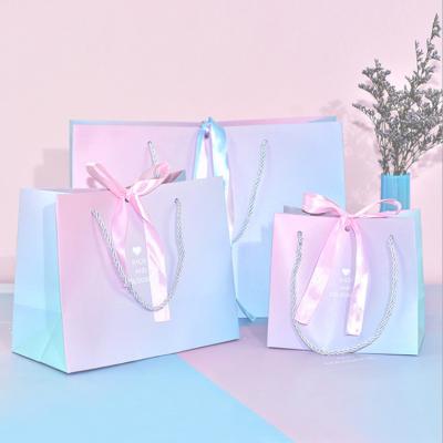 China 2021 Fashion Style Gradient Color Recyclable Gift Bag Customized Your Own Logo Packaging Paper Gift Bag for sale