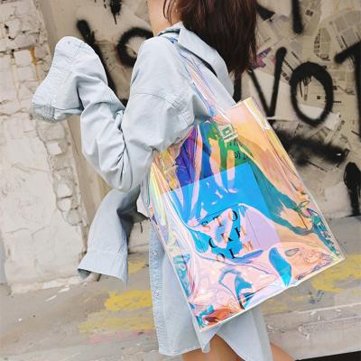 China Fashion Customize Laser Waterproof Black Transparent PVC Tote Bag Holographic Shoulder Shopping Bag For Women for sale