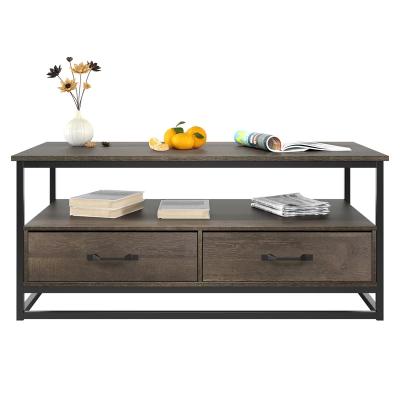 China Modern New Design Coffee Table Wire Wood Coffee Table With Metal Frame Living Room Furniture With 2 Drawers for sale