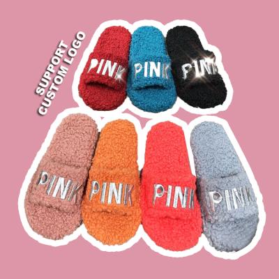 China Fashion Trend Wholesale Winter Flats Indoor Bedroom Shoes Home Fuzzy Faux Fur Open Toe Warm Furry Fluffy Lamb Hair Ladies Women Slips Slippers for sale