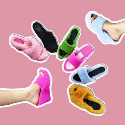 China Wholesale Chunky Flip-Flops Sandals Ladies Winter Fashion Trend New Arrival Slope High Heel Pumps Fur Slides Women's Wedges Slippers for sale