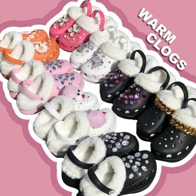 China Crystal Wholesale Winter Warm Platform Eva Women Waterproof Bling Rhinestone Fox Hobbles and Hairy Slippers Mules Sandals Gardening Hoggles Shoes for sale