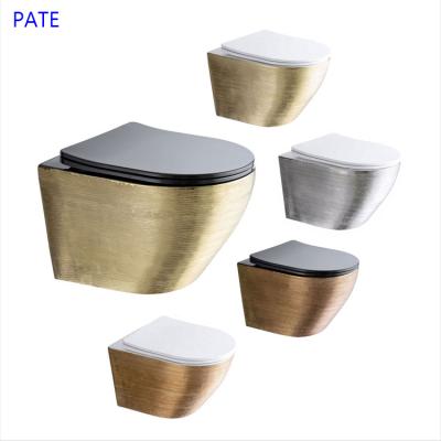 China Concealed Cistern PATE Sanitary Ware Brushed Gold Wc Wall Mounted Toilet CE Wire Drawing Bench Rimless Wall Hung Toilet for sale