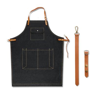 China Durable Waterproof Denim Bib Apron Leather Strap Barber Barista Florist Chef Studio Apron Cleaning Uniforms for sale