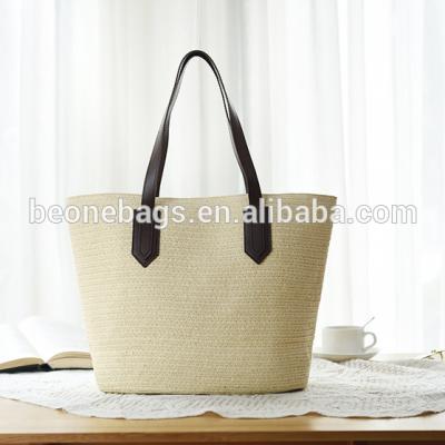 China Straw Women's Straw Women Summer Straw Bag Vegan Leather Handle Straw Beach Bag for sale