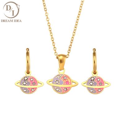 China 2021 Minimalist Fashion Stainless Steel Necklace 18K Gold Plated Enamel Colorful Planet Pendant Necklace And Earring Set for sale