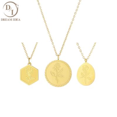 China Minimalist Rose Flower Coin Pendent Necklace 18K Gold Stainless Steel Flower Necklace Chain Chain for sale