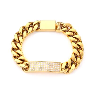 China Minimalist Zircon Chain Bracelet Stainless Steel 18k Gold Plated Fine Polished Cuban Bangle for sale