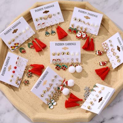 China Other Winter Pearl Tassel Christmas Earring Set Fashion Snowflake Tree Alloy Earrings Female Child Geometric Christmas Jewelry for sale