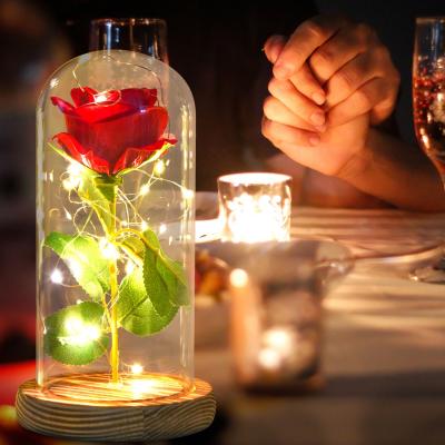 China Best Selling Romantic Rose Flower Valentine's Day Christmas Gift Eternal Decoration Led Lamp Glass Cover Agriculture Amazon Wooden Base for sale