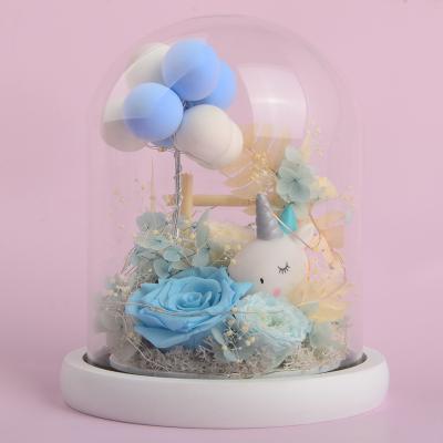 China Handmade Fairy Flower Unicorn Balloon Glass Dome Blue Rose Led Light Eternal Flower Rose String Agriculture Lamp for sale