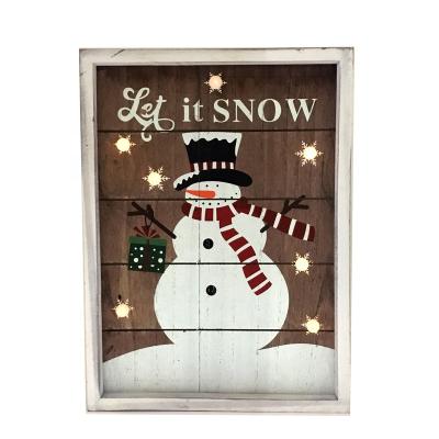 China Environmental Friendly Wooden Christmas Hanging Sign Wall Plaque Let It Snow House Decoration with 7 LED Lights for sale