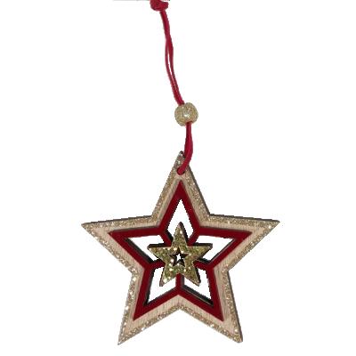 China Xmas Decoration Wooden Christmas Hanging Star With Red Flocking And Glitters As Christmas Tree Decoration Wooden Decorations for sale