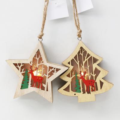 China Christmas Decoration Wooden Christmas Hanging LED Tree Hanging LED Star As Christmas Tree Decoration 2 Asst Christmas Decoration for sale