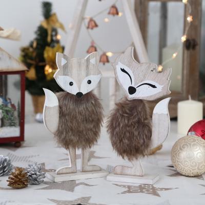 China Decorate home READY TO SHIP Christmas decoration wooden fox with fur table decoration gift for promotion for sale