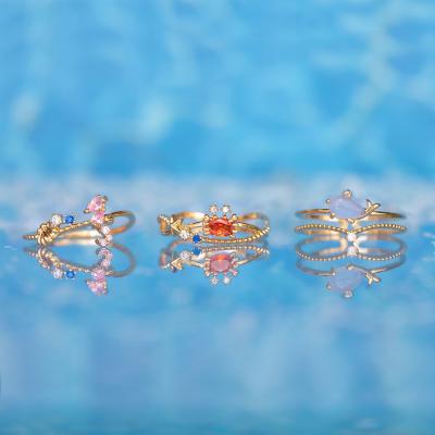 China Cute Cute Animal Design Gem Crab Seahorse Ring 18k Gold Plated Brass Zircon Sea Animals Ring Girl for sale