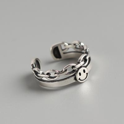 China Hiphop 20092023 Punk Jewelry S925 Sterling Silver Retro Face Sterling Silver Rings Double Chain Ring Smiley for sale