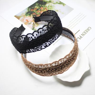 China Environmental Friendly Korean Lace Wide Brim Headband Broken Hair Pressed Retro Black Khaki Headband Hair Clip Hair Accessories For Girls for sale