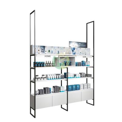 China Mall MDF Display Stand Wooden Wall Metal Wall Display Cabinet White Custom Made Cosmetic Display Rack for sale