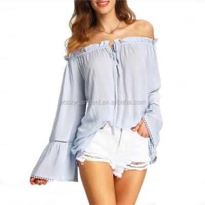 China Anti-pilling latest fashion design off-the-shoulder bell sleeve lady blouse for sale