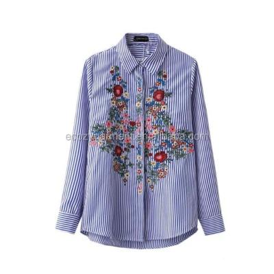 China Anti-pilling 2017 fashion flower embroidery striped lady long full sleeve blouse designs for sale