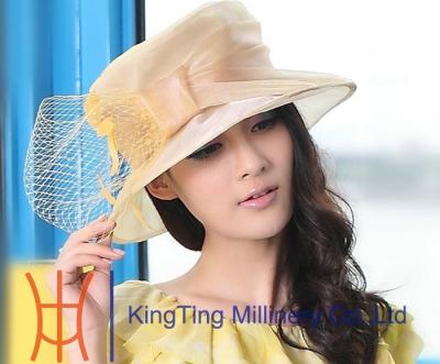 China Yellow and Purple Wedding Organza Hat With Mesh Trimming / Two Layer Flying Organza Brim for sale