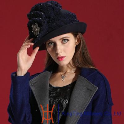 China Flower Stone Trimming Wool Fedora Hats for sale