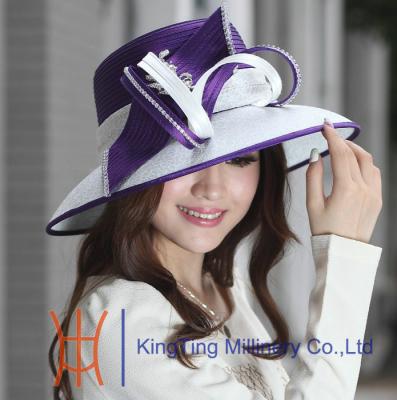 China White / Purple Women Formal Kentucky Derby church hats , Diamond Casings Satin Ribbon Hat for sale