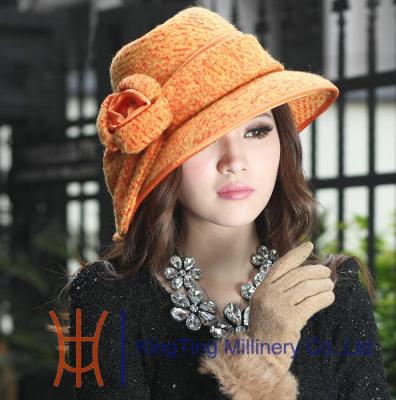 China Female Shiny Orange Polyester Ladies Dress Church Hats With 3 Layers for sale