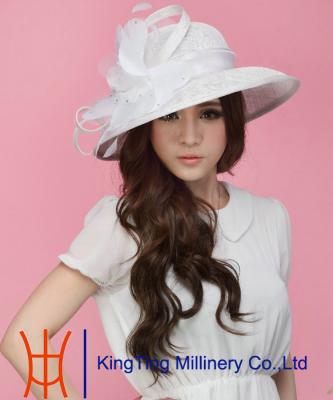 China Church / Wedding / Party White Ladies Sinamay Hat with Feather Trim for sale