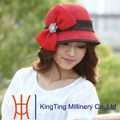 China Handmade straw boater hat With Big Bowknot , western straw hat for sale