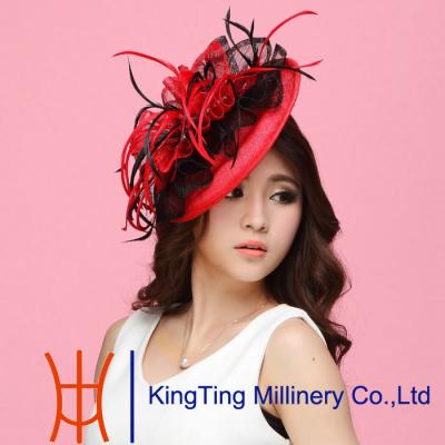 中国 古典的で黒く赤い女性 sinamay 上部飾りカット、優雅な fascinator 販売のため