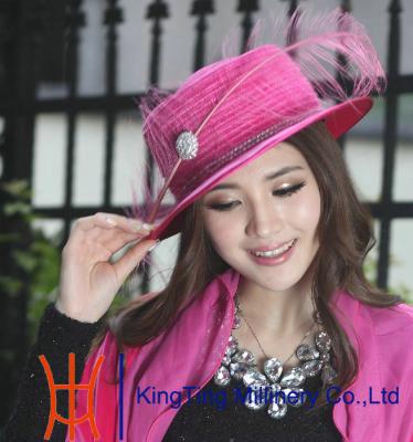 China Velvet Winter Fashion church hats , velvet top hat with feather for sale