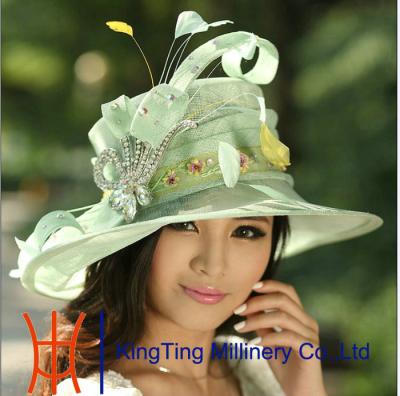 China Fashion Big Crown Carnival Trimmed Ladies Sinamay Hat with Coque Feathers Combo for sale