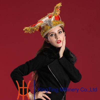 China Ladies Fancy Satin Ribbon Church Hat With Elegant Yellow Feather for sale