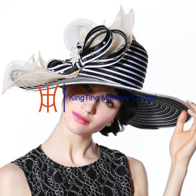 China Wide Brim Black White Strips Women Church Party Fabric Cloth Hats for sale