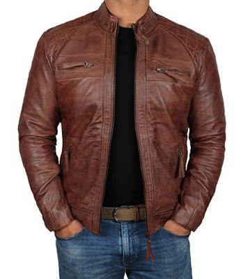 China Genuine Lambskin QUICK DRY Distressed Good Quality Material Mens Brown Leather Biker Jacket for sale