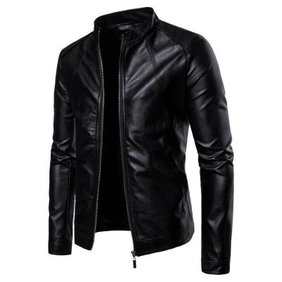 China PU Viable Classic Faux Motorcycle Jacket Biker Designs Fashion Bomber Stand Collar Male Leather Jacket for sale