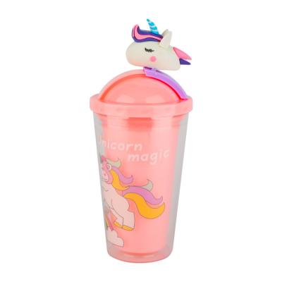 China Gift/Office/Home Wall/Bar Double Cup Juice Tumbler Drinking Mugs Wholesale Unicorn Eco-Friendly Reusable Plastic Cup With Straw for sale