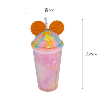 China New Gift/PVC Office/Home/Bar Double Insert Wall Cup Mickey Mouse Ear Tumbler Ice Cream Cup With Lid Mickey Biscuits Double Plastic Dome Cup for sale