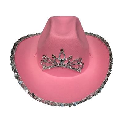 China Eco-Friendly Materials Bling Pink Rhinestone Flashing Luxury Kids Hat Pearl Felt Fuzzy Fashion Cowboy LED Cowgirl Tiara Hats for sale