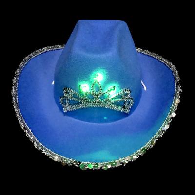 China Eco-Friendly Materials Wholesale Cosplay Head Props LED Cowgirl Party Hats With Sequins Feather Brim Fedora Light Cowboy Hat for sale