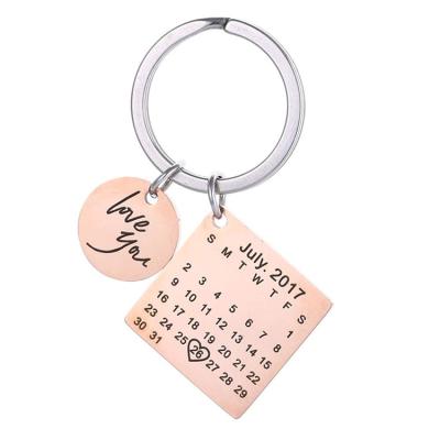 China Fashionable Stainless Steel Round Square Personalized Custom Date Engraved Key Ring Wedding Anniversary Calendar Wedding Key Chain for sale